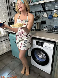 Mature Diana Serving Lunch In Pantyhose and Apron